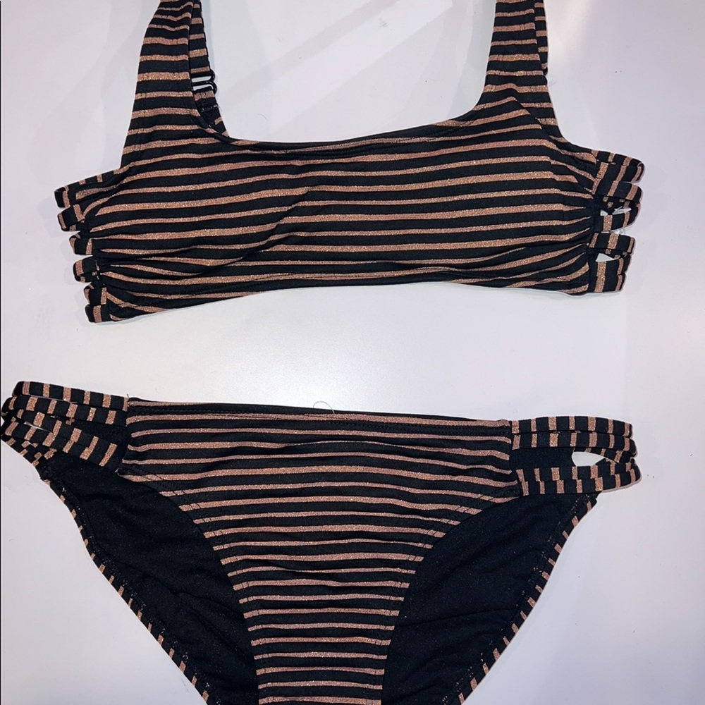 orangish gold and black stripe swimsuit from target.